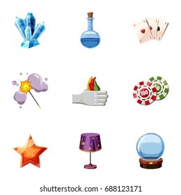 Wizard stuff icons set. Cartoon set of 9 wizard stuff vector icons for web isolated on white background