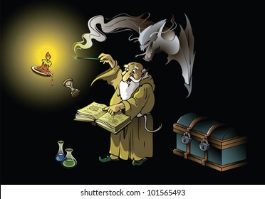 A wizard summoning ghostly demon, casting spells with magic wand, vector illustration