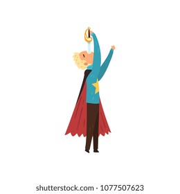 Wizard Swallowing Sword. Magician In Mantle Performing On Stage. Flat Vector Design