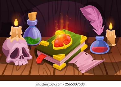 Wizard table. Witch workspace, alchemic desk magic lab room cartoon interior wizards magical book potion skull magician alchemy school house tidy house tidy vector illustration original artwork