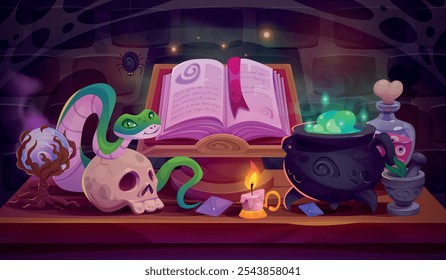 Wizard table. Wizards magical or witch workspace magic lab room cartoon interior, magical book potion skull on magician desk, alchemy school house swanky house vector illustration original artwork