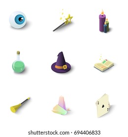Wizard things icons set. Isometric set of 9 wizard things vector icons for web isolated on white background