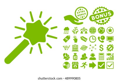 Wizard Tool icon with bonus images. Vector illustration style is flat iconic symbols, eco green color, white background.