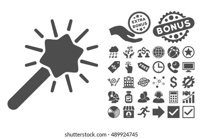 Wizard Tool pictograph with bonus pictogram. Vector illustration style is flat iconic symbols, gray color, white background.