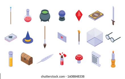 Wizard tools icons set. Isometric set of wizard tools vector icons for web design isolated on white background