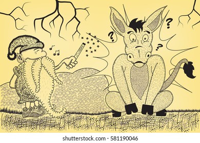 Wizard transformed his disobedient apprentice in a donkey, vector illustration in old comics style.