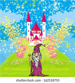 wizard uses magic in front of fairy-tale castle