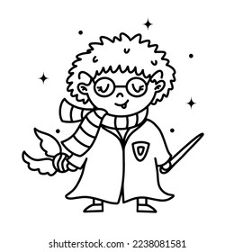 Wizard vector icon  Coloring book for children  A boy in scarf  robe  and magic wand in his hand  A child and glasses   lightning scar  Simple outline  Cartoon clipart isolated white