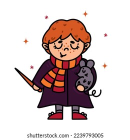 Wizard vector icon. A cute boy in a red - gold scarf holds a pet rat and a magic wand in his hands. A freckled child in a robe. Student hero. Cartoon clipart isolated on white. For cards, posters, web