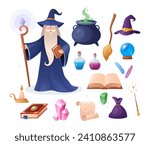 Wizard. Vector set of magician tools with elixir in bottle, witch hat, cauldron, spell book, broomstick, poison, crystal, warlock in wizards robe, paper rolls. Sorcerer, witchcraft. Game magic object