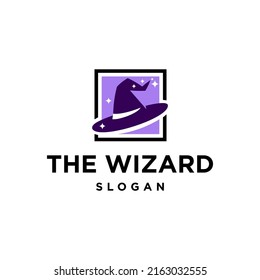 wizard violet hat logo design. mystical purple hat of Witch logo vector with square frame. wizard hat icon logo vector design illustration blink, witch classic Halloween hat 