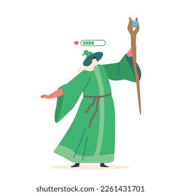 Wizard in Virtual Reality Massively Multiplayer Online Role-playing Game. Isolated Sorcerer Wear Green Robe and Pointed Hat Holding Staff with Battery Level over the Head. Cartoon Vector Illustration