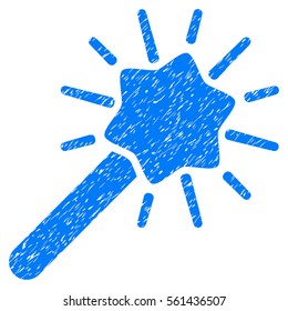 Wizard Wand grainy textured icon for overlay watermark stamps. Flat symbol with dirty texture. Dotted vector blue ink rubber seal stamp with grunge design on a white background.