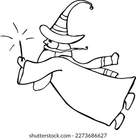 A wizard with a wand in a robe and hat. Logo design vector illustration. Coloring book