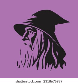 Wizard warlock logo, old man 
 silhouette wizard character, side view, vector isolated