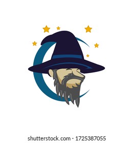 wizard warlock old man face with beard hat magic mage logo template vector.eps 10