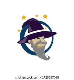 wizard warlock old man face with beard hat magic mage logo template vector.eps 10