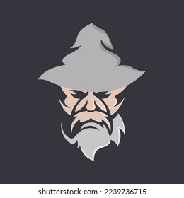 wizard warlock old man face with beard hat magic mage logo template vector.eps 10