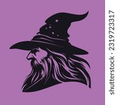 Wizard warlock, old man 
 silhouette wizard character, side view, logo vector isolated