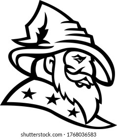 Wizard Warlock or Sorcerer with Three Stars Mascot Black and White