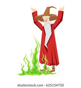 Wizard waving with both hands. Colorful fairy tale character Illustration