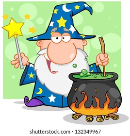 Wizard Waving With Magic Wand And Preparing A Potion