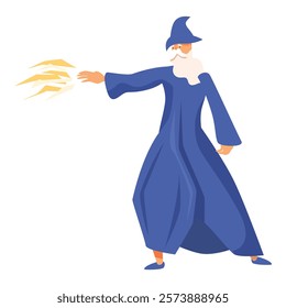 Wizard wearing a blue robe casting a magic spell with his hand