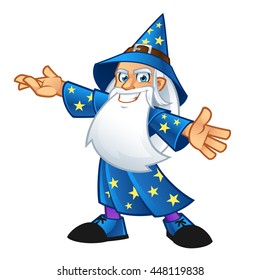 Wizard wearing a hat and a long beard, vector illustration