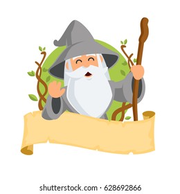 Wizard wearing a hat and a long beard, vector illustration