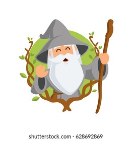 Wizard Wearing A Hat And A Long Beard, Vector Illustration