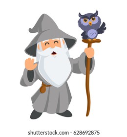 Wizard wearing a hat and a long beard, vector illustration