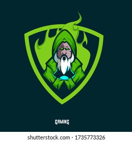 Mago vestido con una bata con la cara de anciano sosteniendo el logo de un espectáculo de bola mágico adecuado para el logo del equipo y el logotipo de la mascota