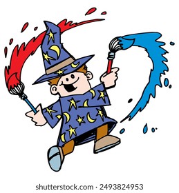 Wizard whirling round with paintbrushes spraying paint