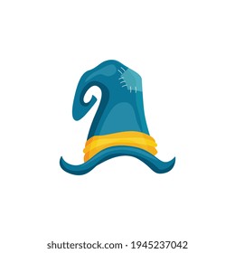 Wizard or witch blue magic hat, flat cartoon vector illustration isolated.