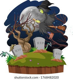 Wizard or witch with broomstick and tomb on dark forest isolated on white background illustration