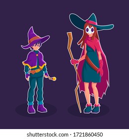 Wizard and witch cartoon character vector illustration