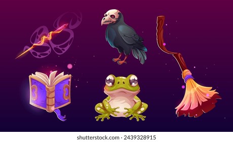 Wizard and witch cartoon game ui assets. Vector icons set of fairytale sorcerer equipment and symbols - magic wand and broom, green fog and black raven, open fantasy book. Halloween decoration.