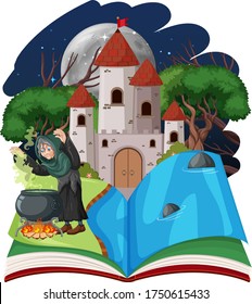 Wizard or witch and castle tower on pop up book cartoon style on white background illustration