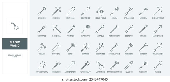 Wizard or witch fairy stick with star and lightning spell, heart and pointing finger, magician hat for circus tricks thin black outline symbols vector illustration. Magic wand line icons set.