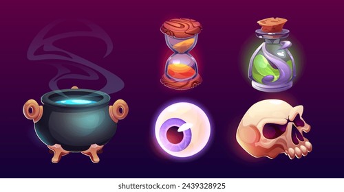 Wizard and witch game ui icons. Cartoon vector set of fantasy sorcerer equipment and symbols - cauldron with hot potion and steam, glass flask with green liquid poison, eye ball and skull, hourglass.