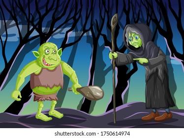 Wizard or witch with goblin or troll on dark forest background illustration