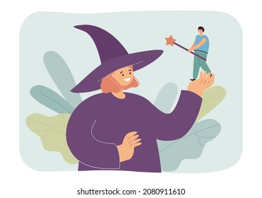Zauberer oder Hexe, die eine winzige weibliche Figur mit Zauberstab hält. Magier mit Mädchen auf der Hand flache Vektorgrafik. Fantasie, Märchen, Halloween-Konzept für Banner, Website-Design oder Landing-Webseite