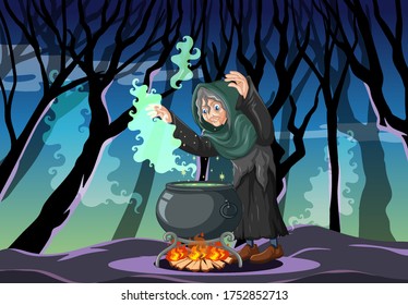 Wizard or witch with magic pot on dark forest scene illustration