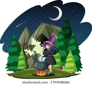Wizard or witch with magic pot on dark forest isolated on white background illustration