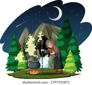 Wizard or witch with magic pot on dark forest isolated on white background illustration