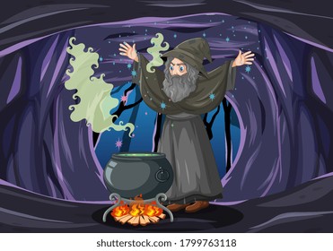 Wizard or witch with magic pot on dark cave background illustration