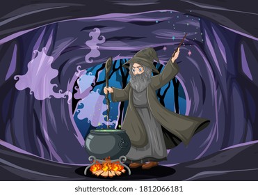 Wizard or witch with magic pot on dark cave background illustration