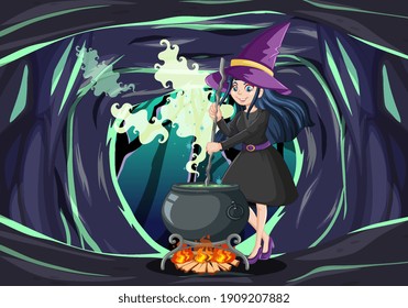 Wizard Or Witch With Magic Pot On Dark Cave Background Illustration