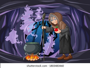 Wizard or witch with magic pot and red apple on dark cave scene illustration