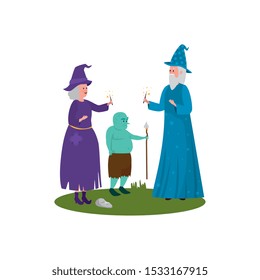 wizard with witch and ogre avatar character vector illustration design